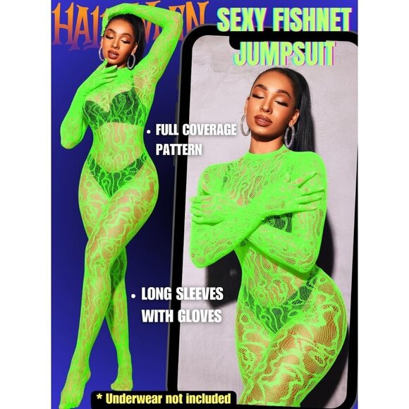 🆕Women Green Sexy Fishnet Full Mesh Jumpsuit Body Stockings Halloween Costume - Picture 2 of 6